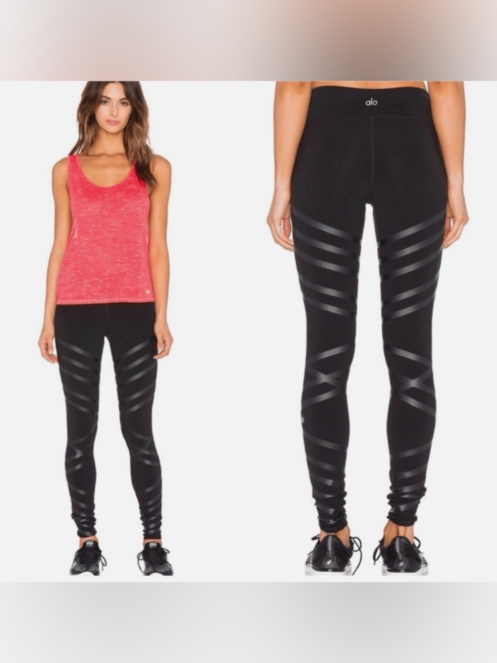 Alo Yoga Airbrush Leggings Small Black Linear Stripe Mid Rise EUC